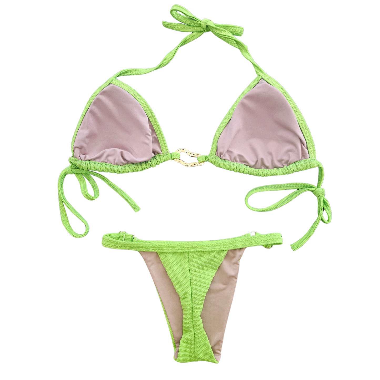 Inside view of neon lime Brazilian bikini with built-in padded cups and fully lined bottom