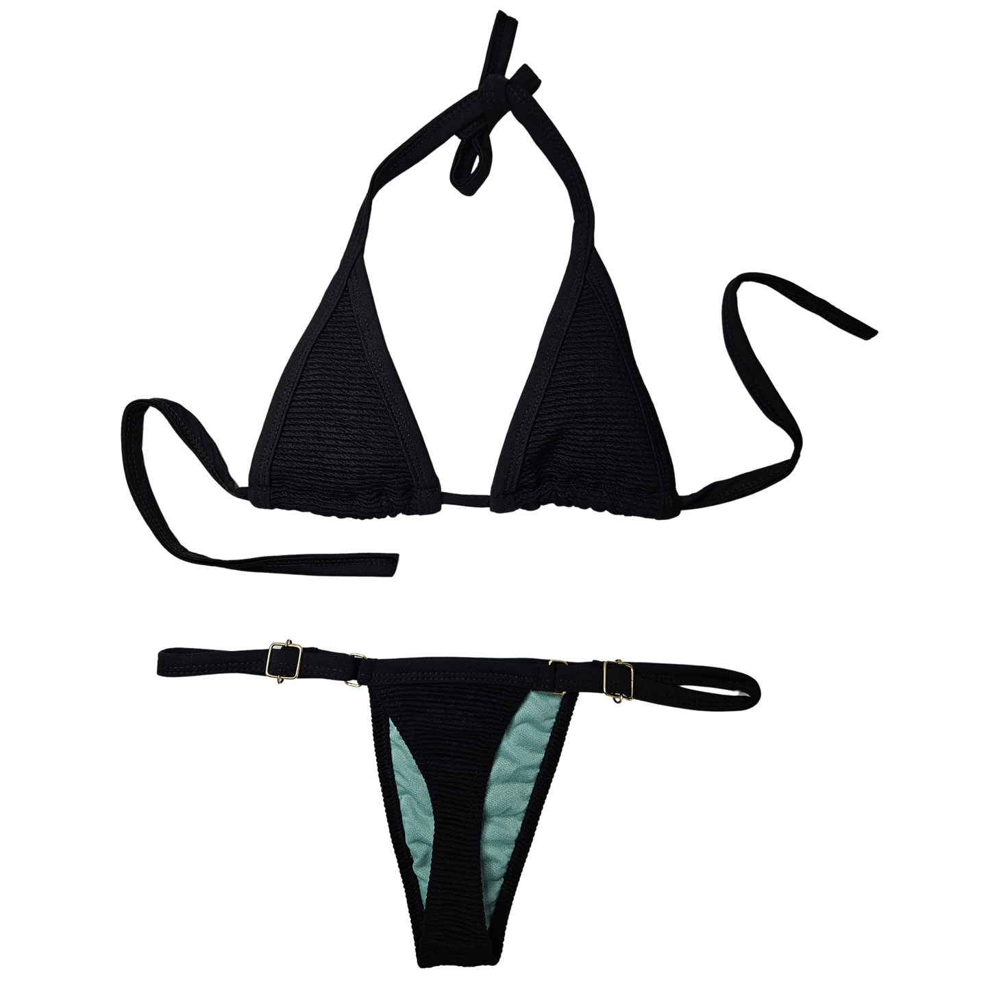 Rita Rosa black textured Brazilian triangle bikini back view with adjustable thong bottom