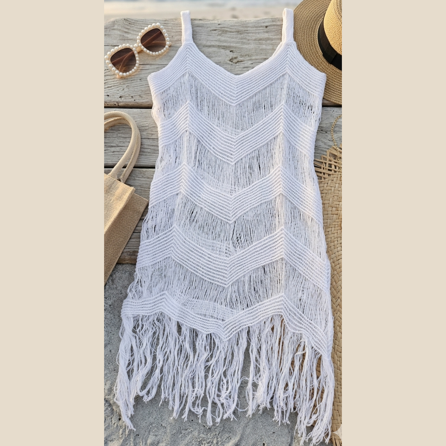 Handmade white crochet fringe cover-up dress for luxury beach resort wear, featuring a chevron knit pattern and long fringe hem.