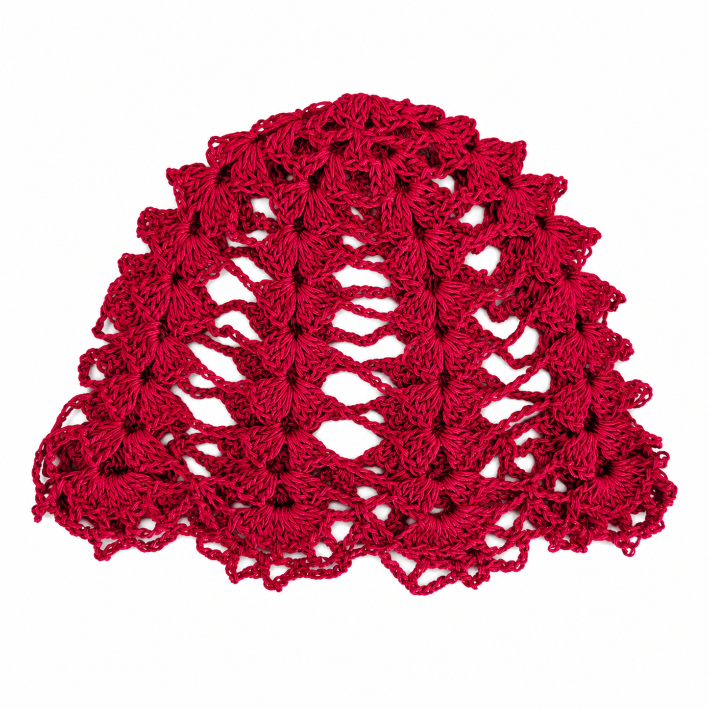 Red handmade bloom petal crochet cap by Rita Rosa Brazilian Beachwear featuring romantic floral lace crochet detailing and boho styling.