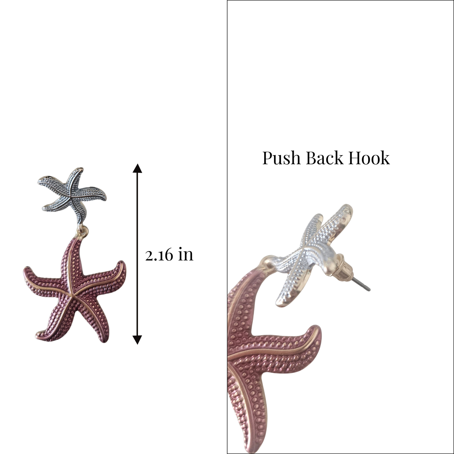 Starfish-shaped earrings with push-back hook on a white background