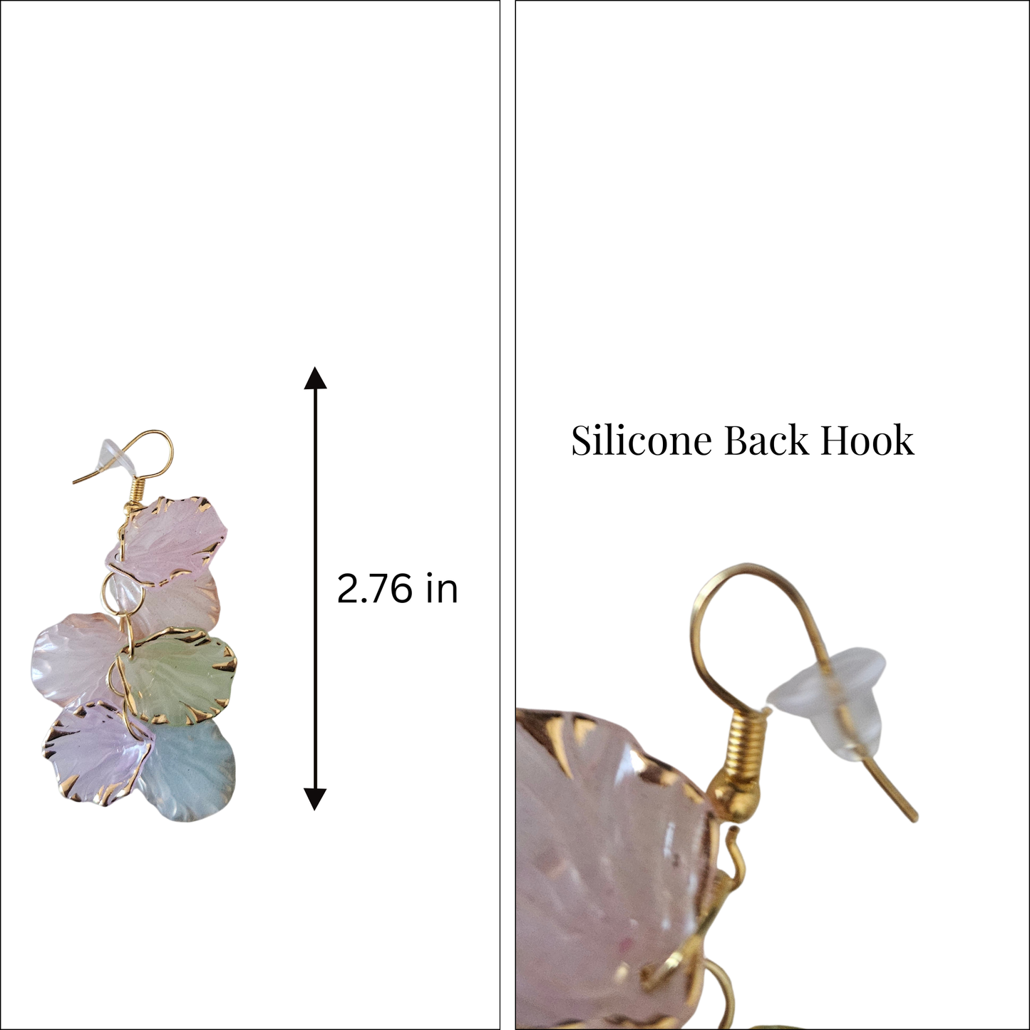 Floral earrings with a silicone back hook and measurement details on a white background