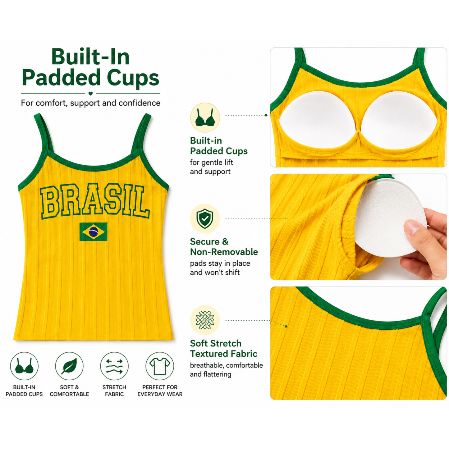 Brazil ribbed tank top built-in padded cups infographic with textured stretch fabric details