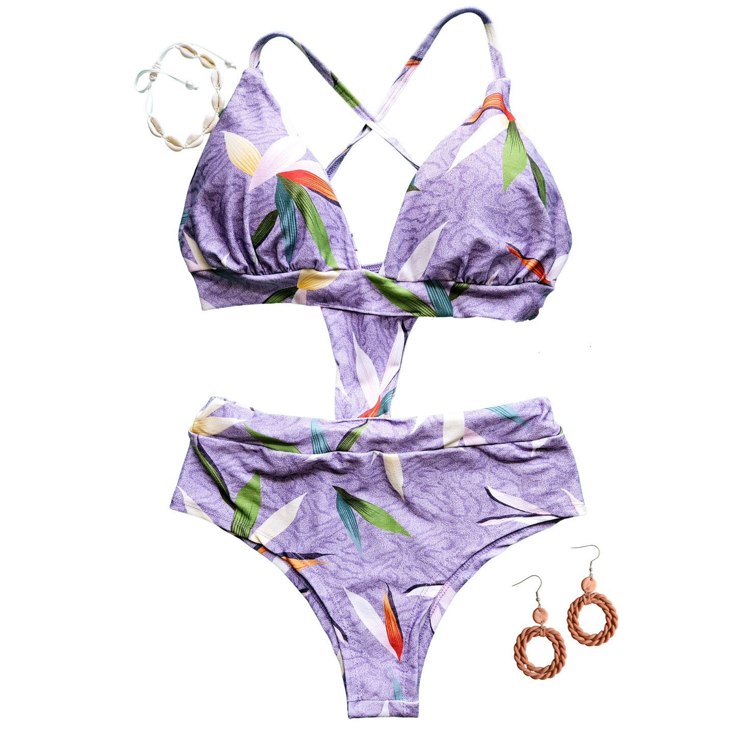 Stylish purple swimsuit with seashell pattern, side cut-out, and crisscross back ties