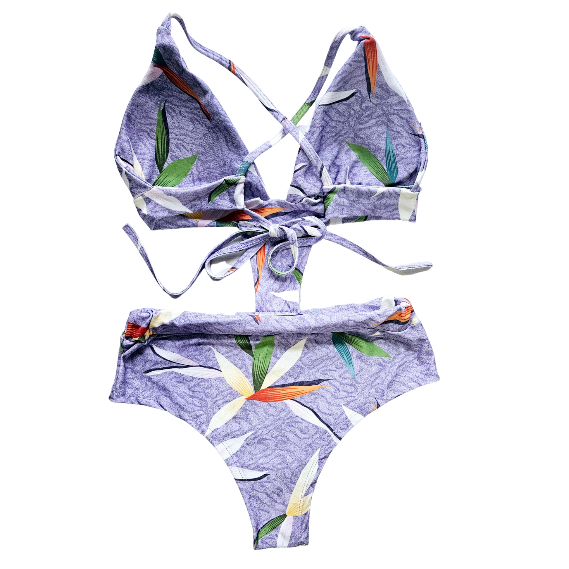 Stylish purple swimsuit with seashell pattern, side cut-out, and crisscross back ties