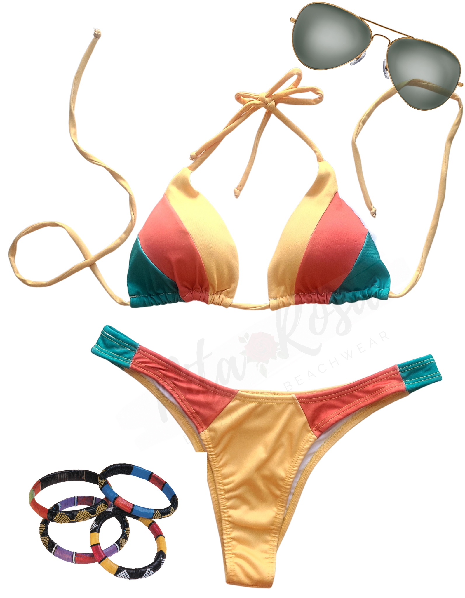 A three-toned bikini set featuring tie straps on the top and a thong-style bottom