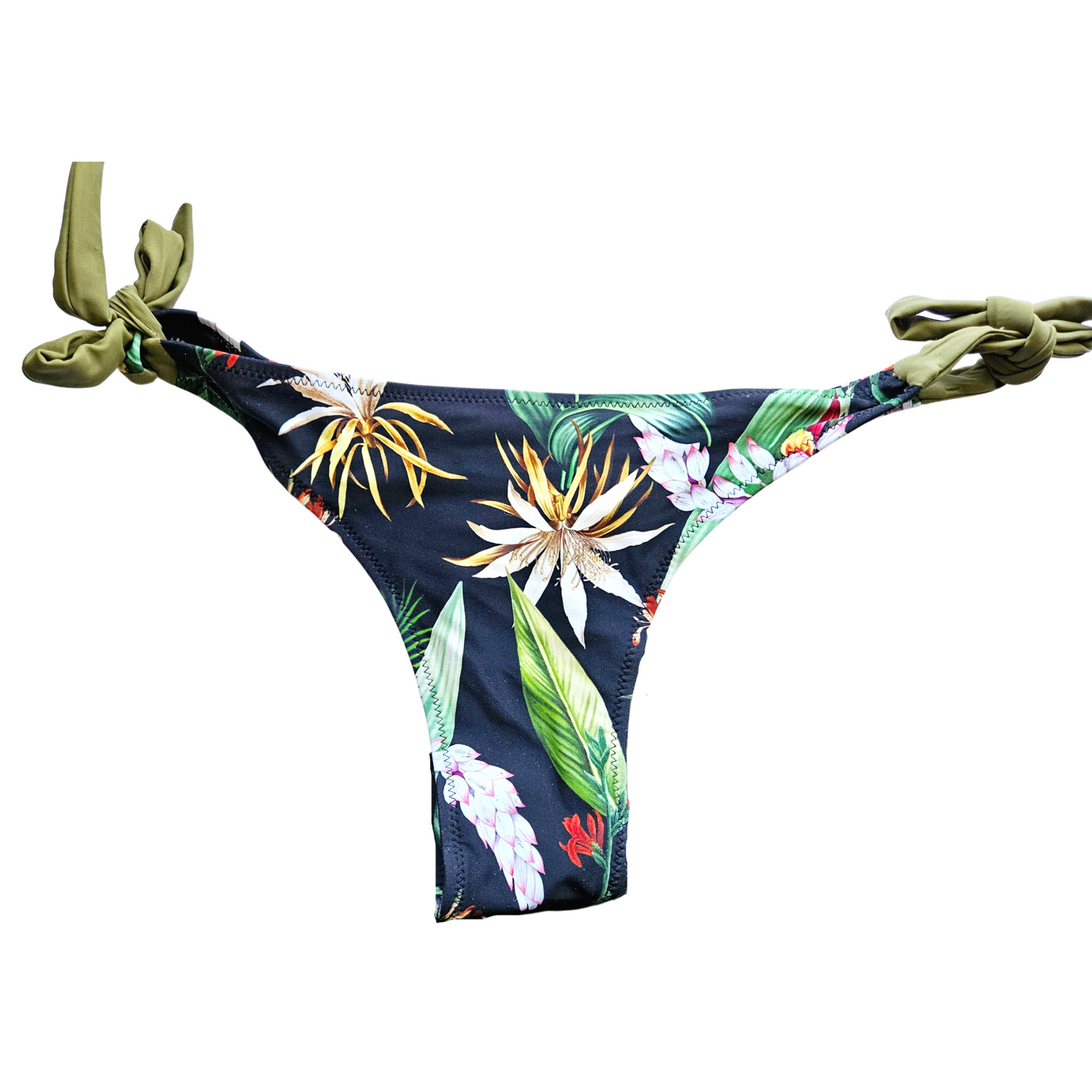 Stylish dark green bikini with a floral design on the top and a thong bottom"