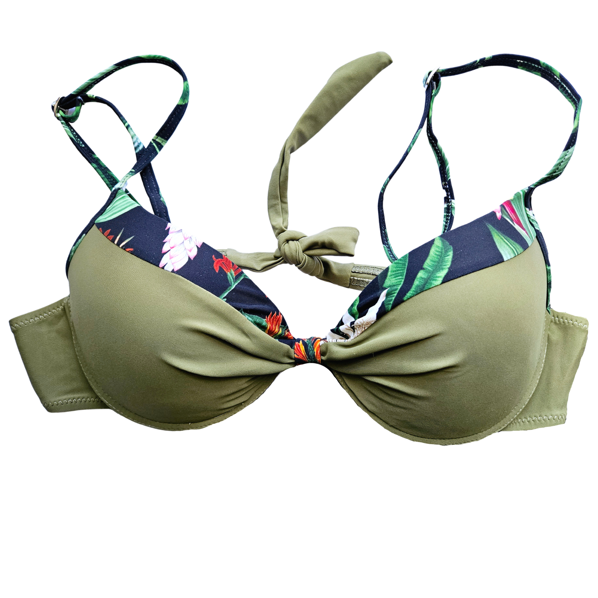 Stylish dark green bikini with a floral design on the top and a thong bottom"