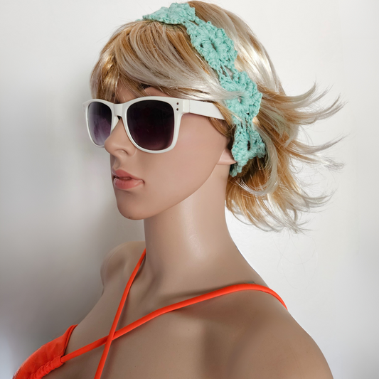 Aqua Aurora Halo Crochet Headband model pose