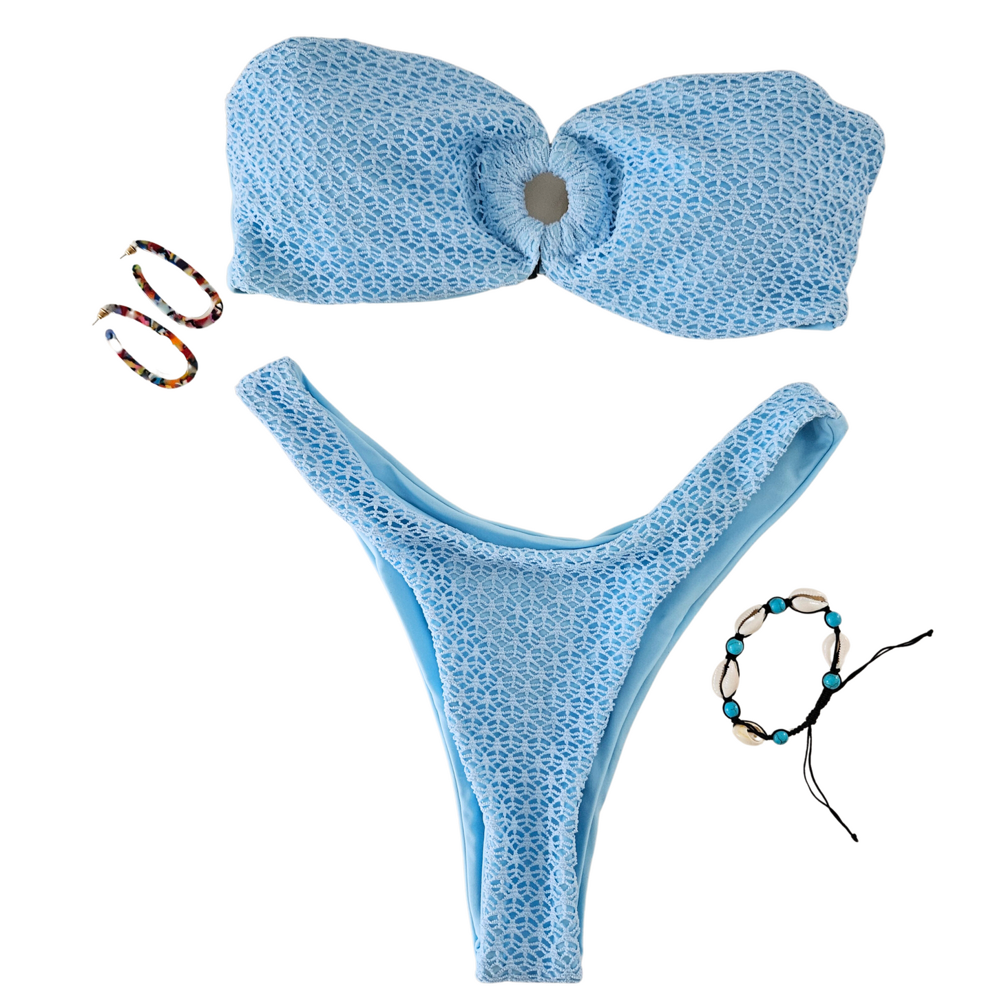 Bandeau Textured Blue Tube Top Thong Bikini Set full image