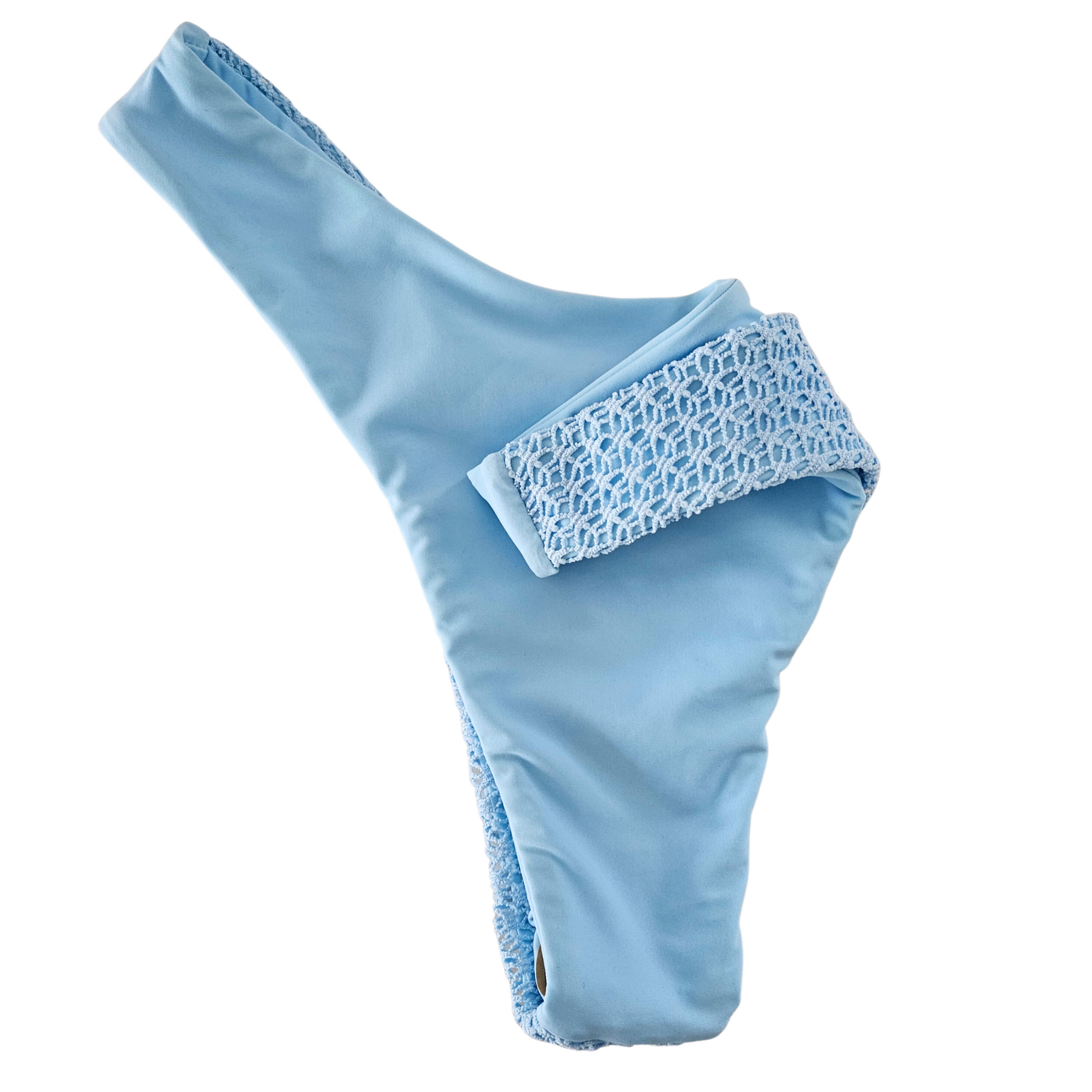 Bandeau Textured Blue Tube Top Thong Bikini Set two fabrics