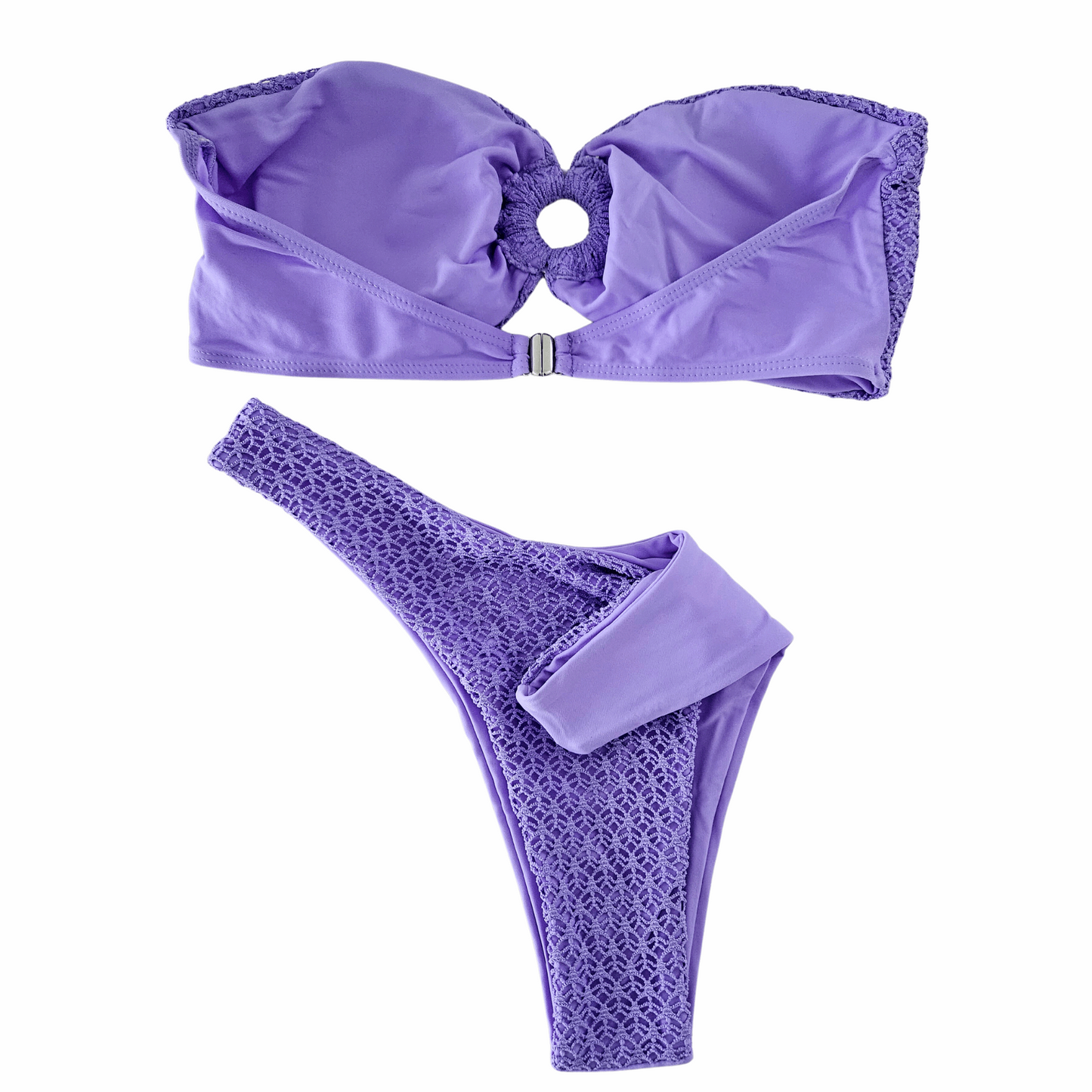 Back view of the Rita Rosa Brazilian Beachwear Bandeau Textured Purple Tube Top Thong Bikini Set