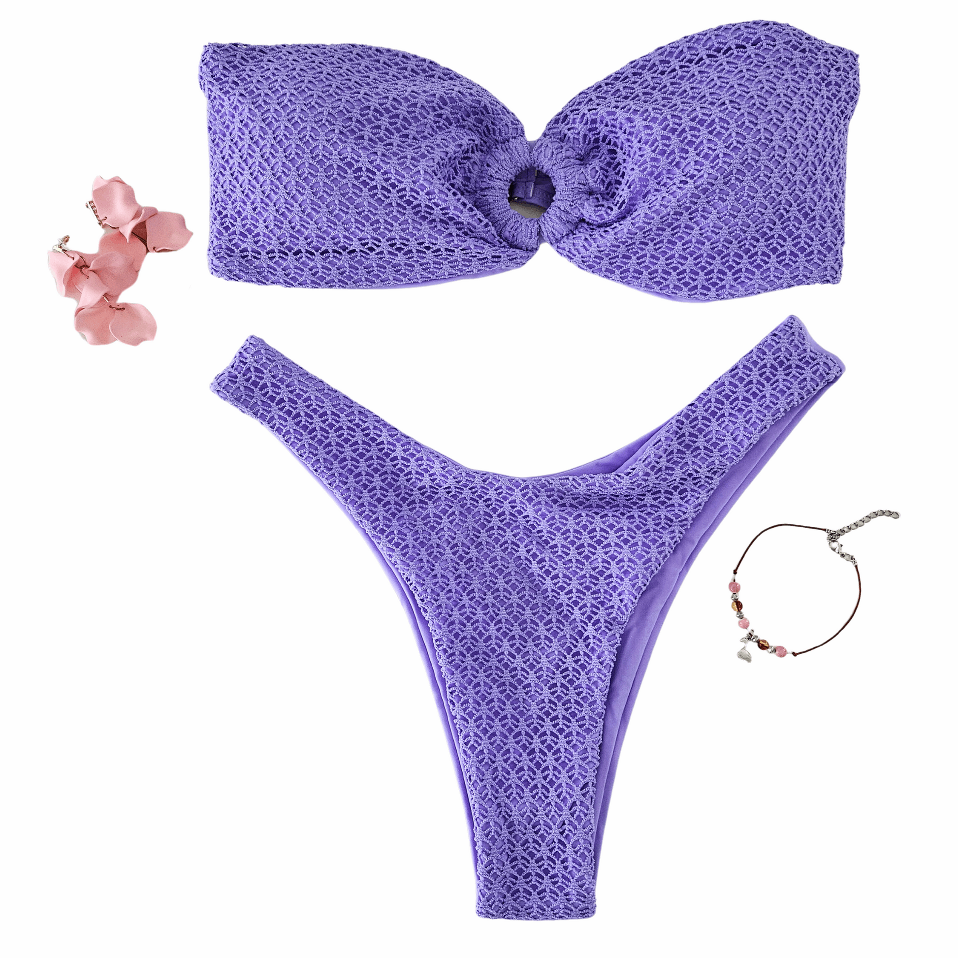 Front view of the Rita Rosa Brazilian Beachwear Bandeau Textured Purple Tube Top Thong Bikini Set full image