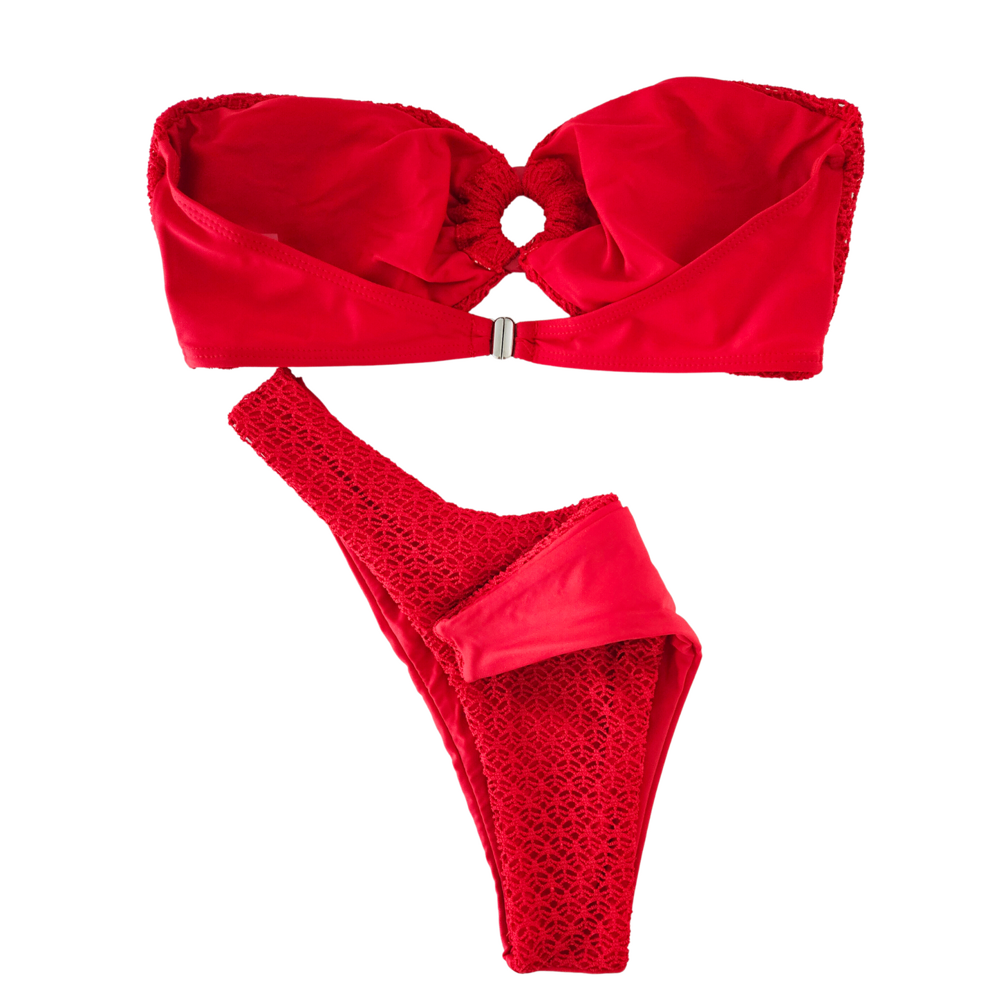 Bandeau Textured Red Tube Top Thong Bikini Set full image back
