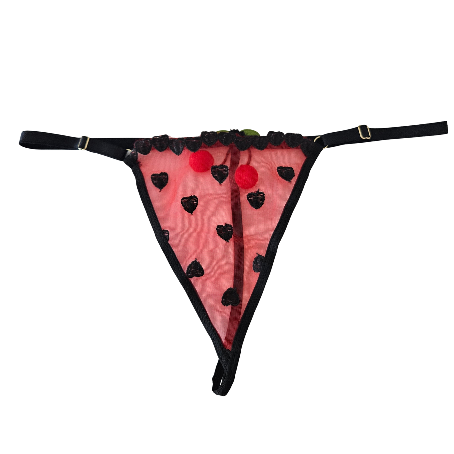 Black mesh thong with black heart embroidery and black adjustable straps.