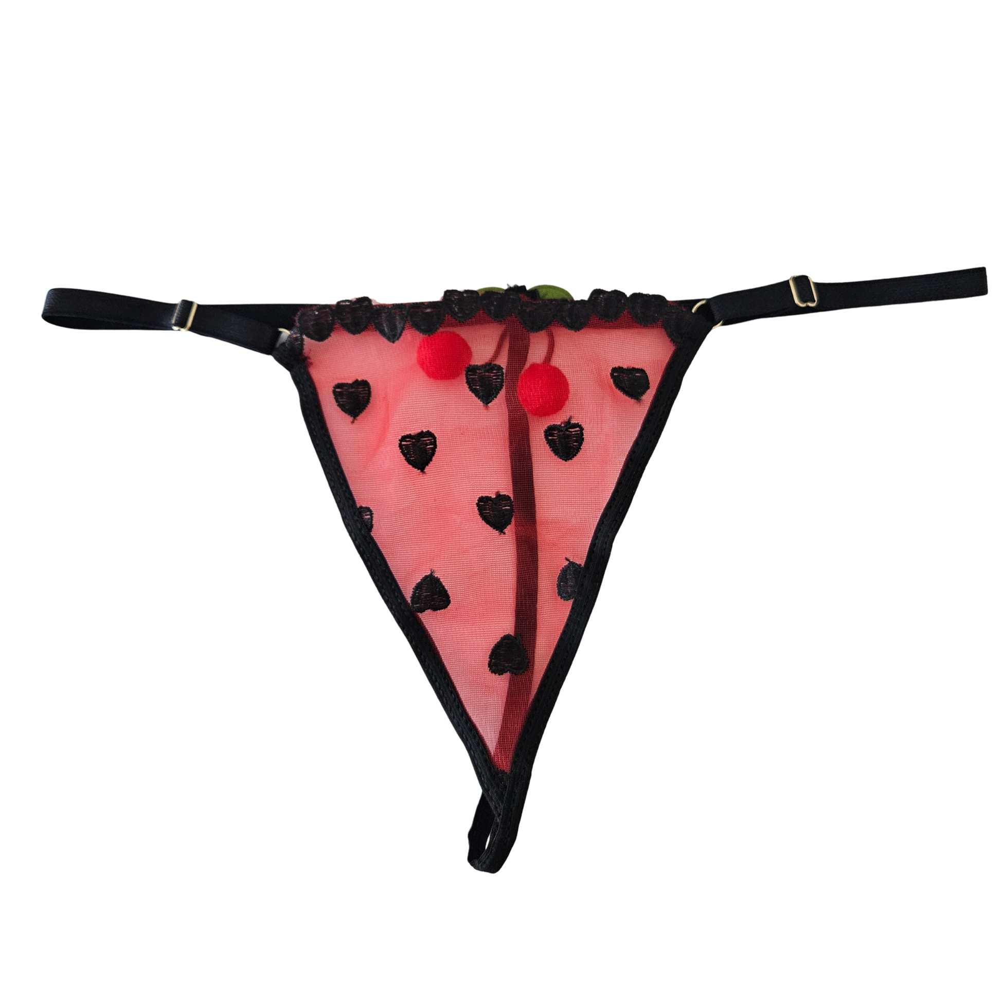 Black mesh thong with black heart embroidery and black adjustable straps.