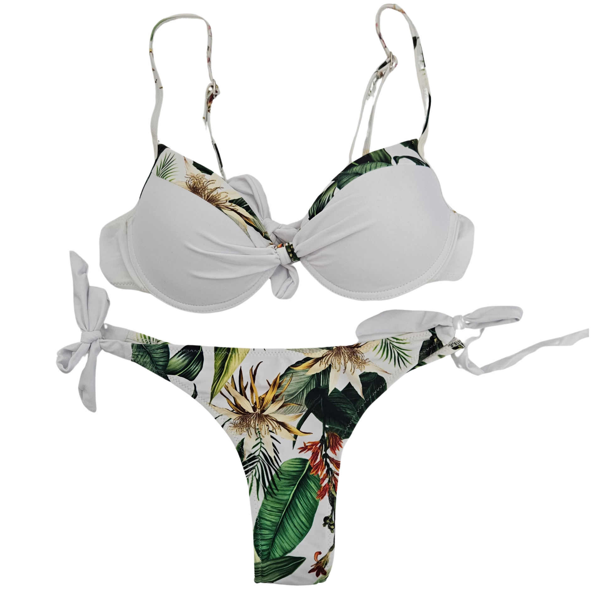 Blossom Underwire Triangular Thong Bikini  Set-White
