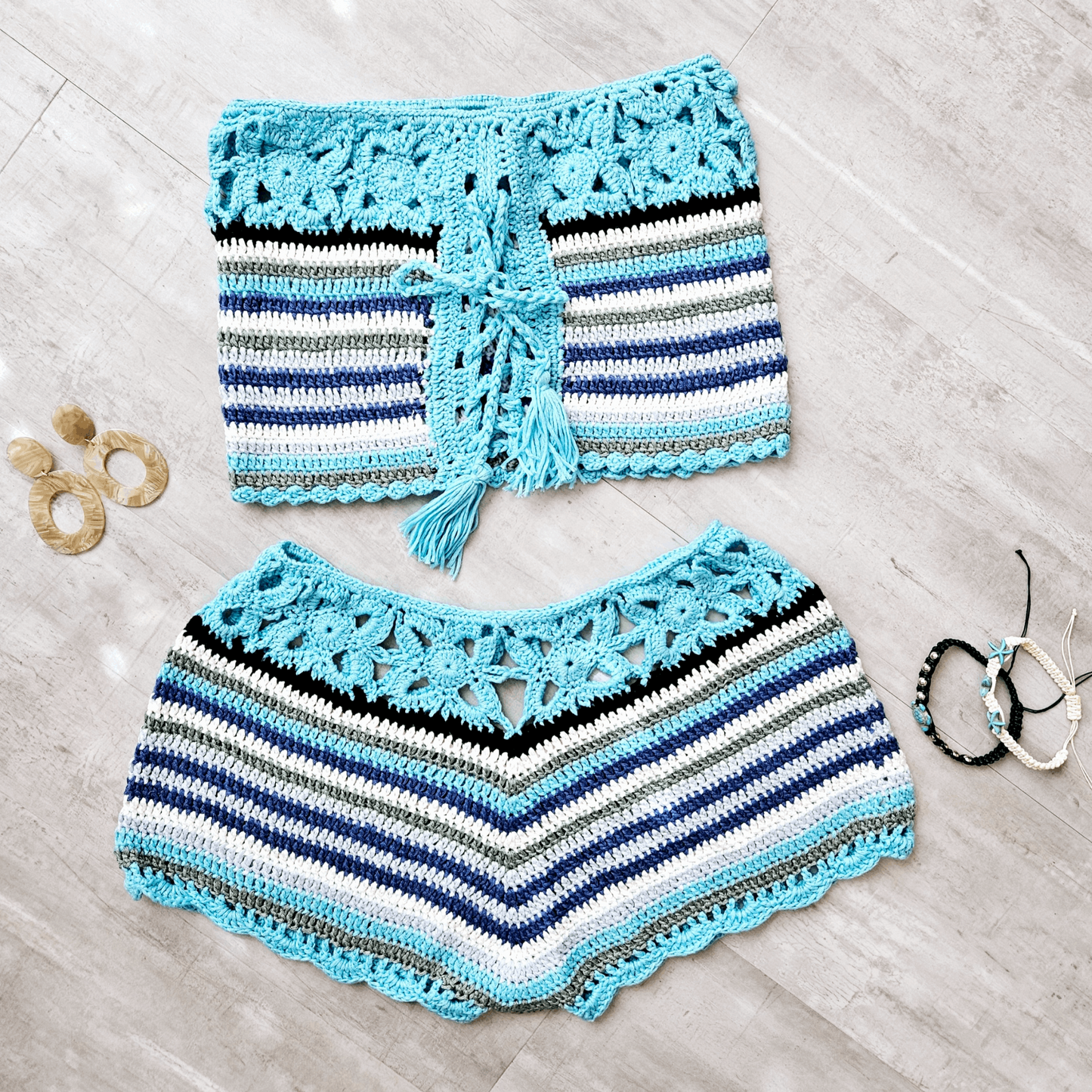 Blue Crochet Beach Babe Two Piece Bikini Set