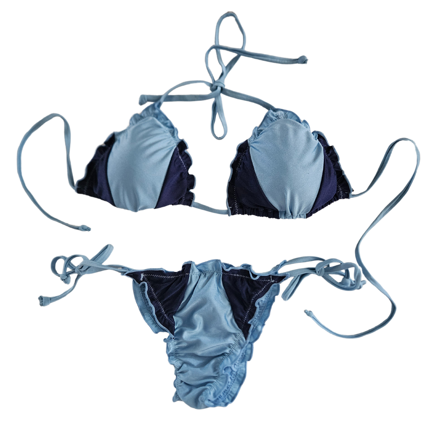 Blue Shiny Ruffled Two Tones Bikini Set