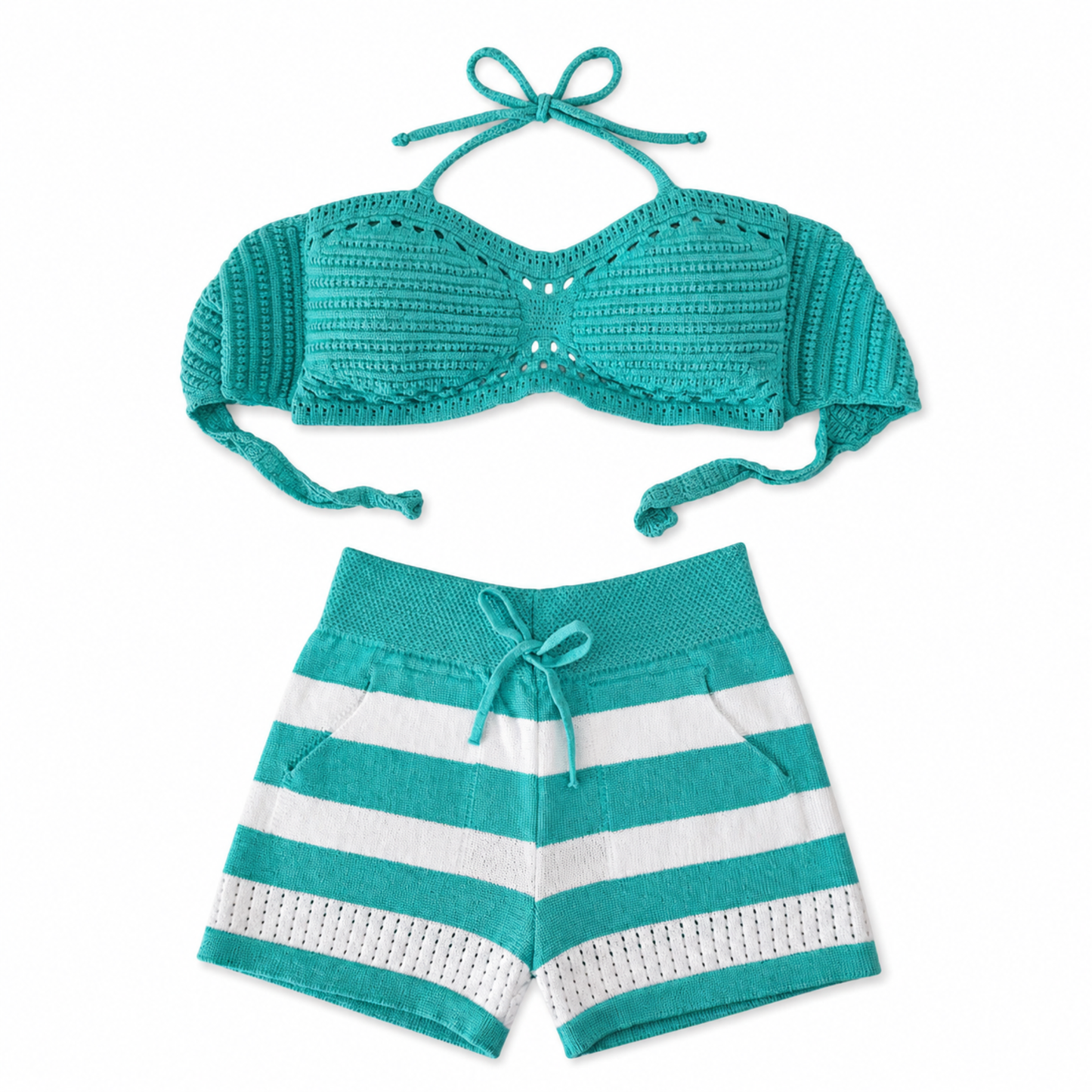 Rita Rosa turquoise modal knit halter top and striped pocket shorts set, handmade Brazilian lounge wear for women.