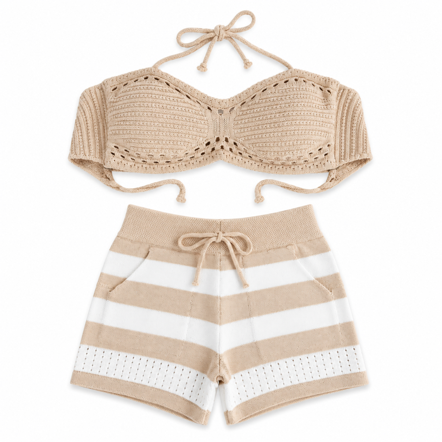 Rita Rosa beige modal knit halter top and striped pocket shorts set, handmade Brazilian loungewear for women