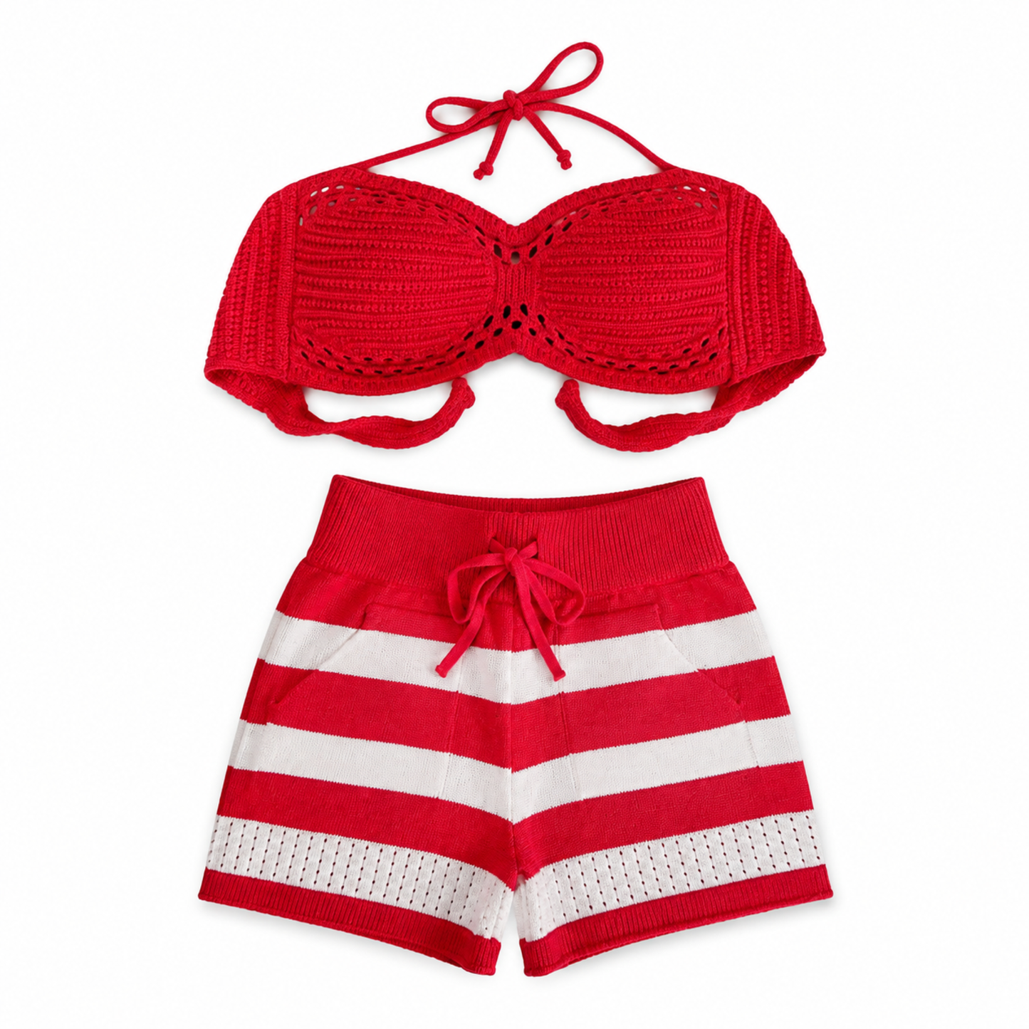 Rita Rosa red modal knit halter top and striped pocket shorts set, handmade Brazilian loungewear for women.
