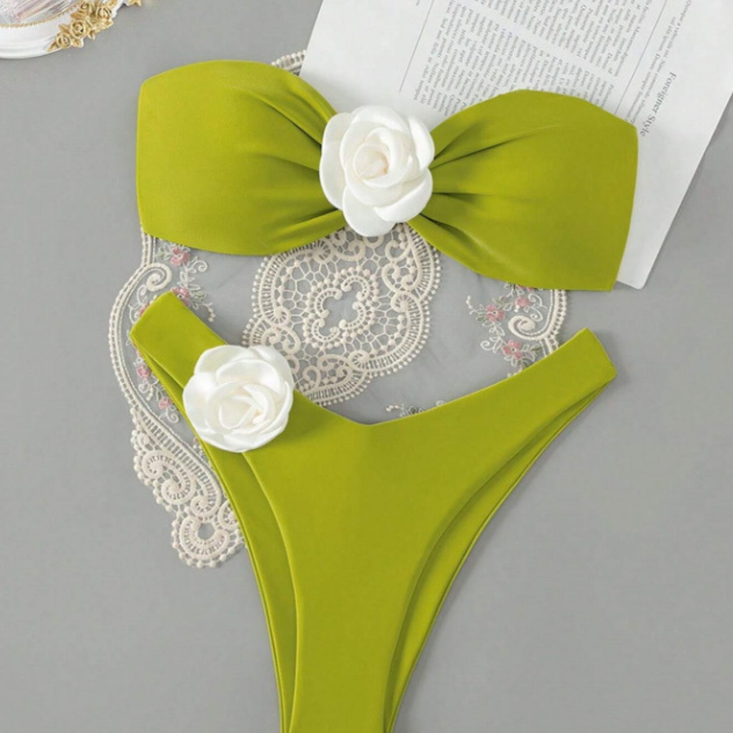 Eco Chic Olive Green Bandeau 3D Flower Bikini Set front image