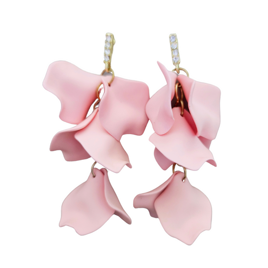 Gold Stones Pink Petal Dangle Statement Earrings