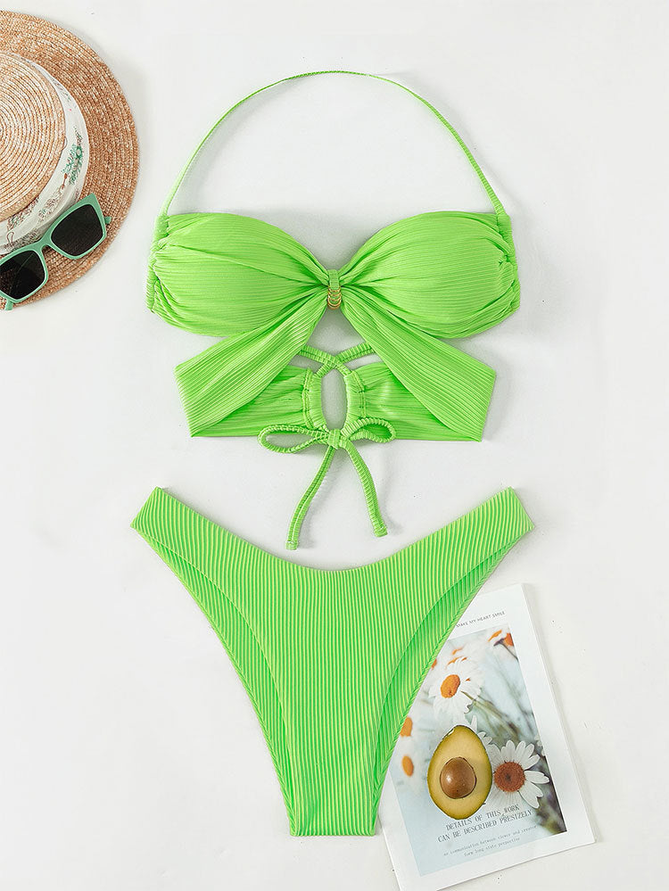 Green Neon Bandage Cut Out Bikini Set - back view: Back view of the two-piece bikini set with crisscross tie straps on the top and a high-waisted thong bottom.