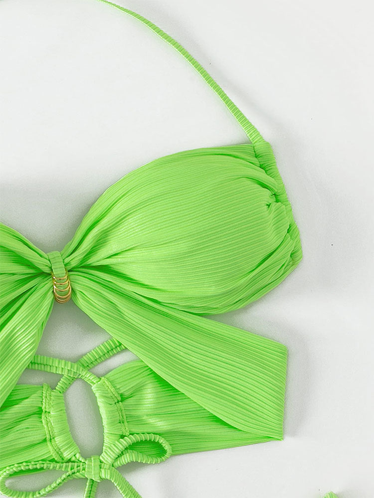 Green Neon Bandage Cut Out Bikini Set - back view: Back view of the two-piece bikini set with crisscross tie straps on the top and a high-waisted thong bottom.