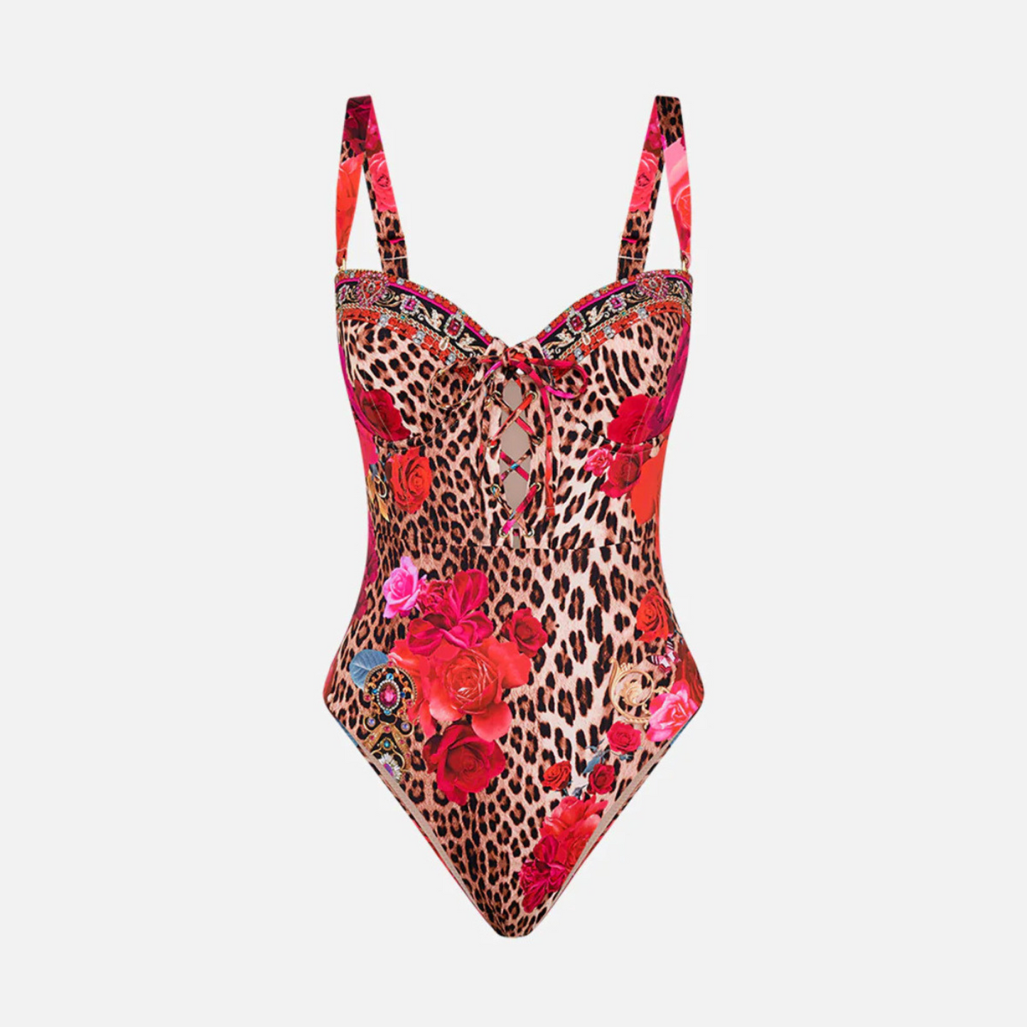 Leopard Floral Lace Up Swimsuit