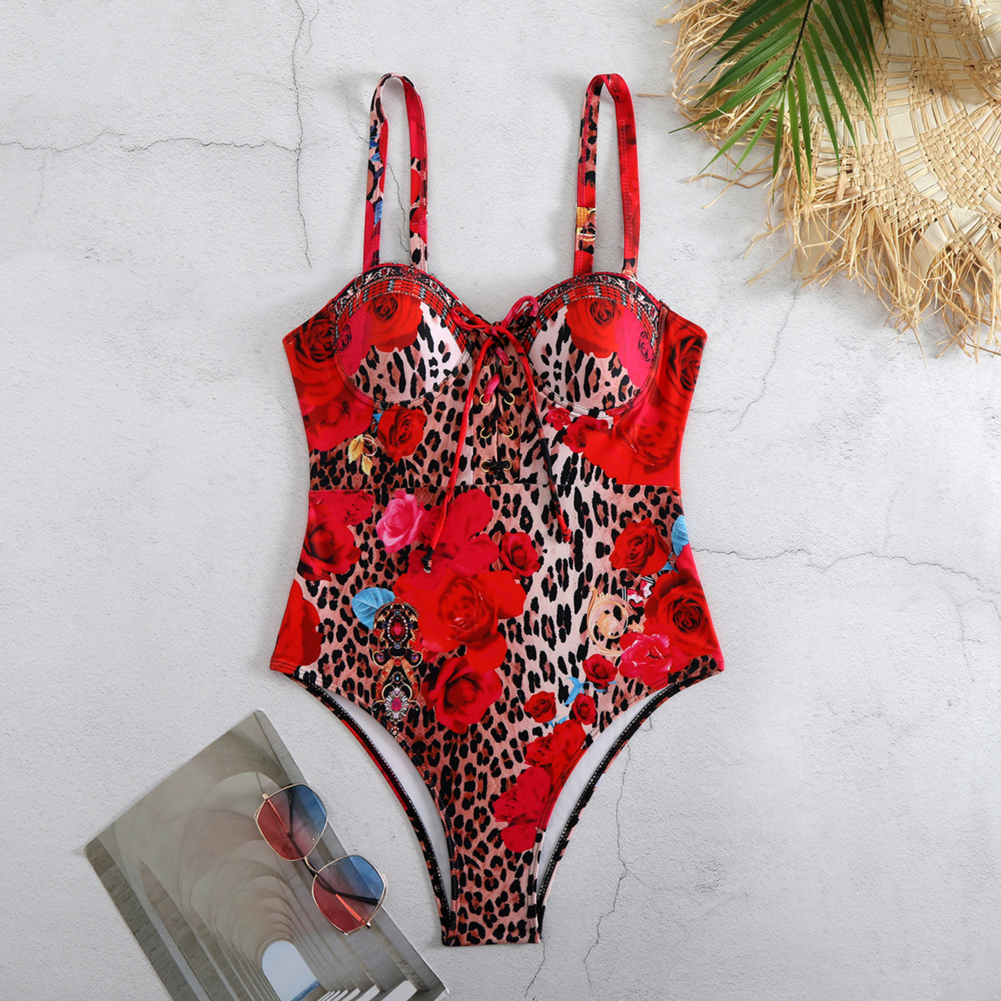 Leopard Floral Lace-Up Swimsuit front image