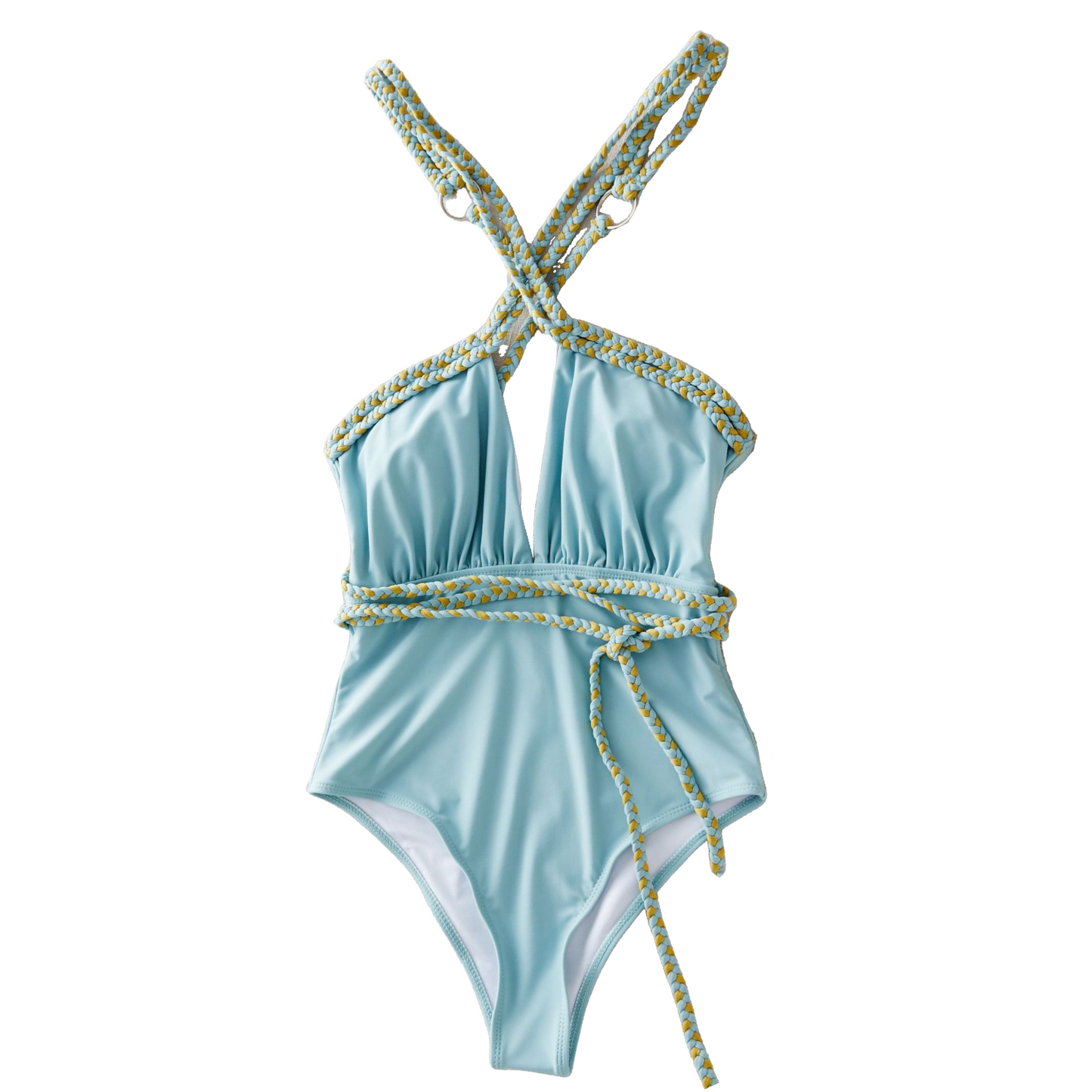 Light Blue Deep V-Cross One-Piece Swimsuit