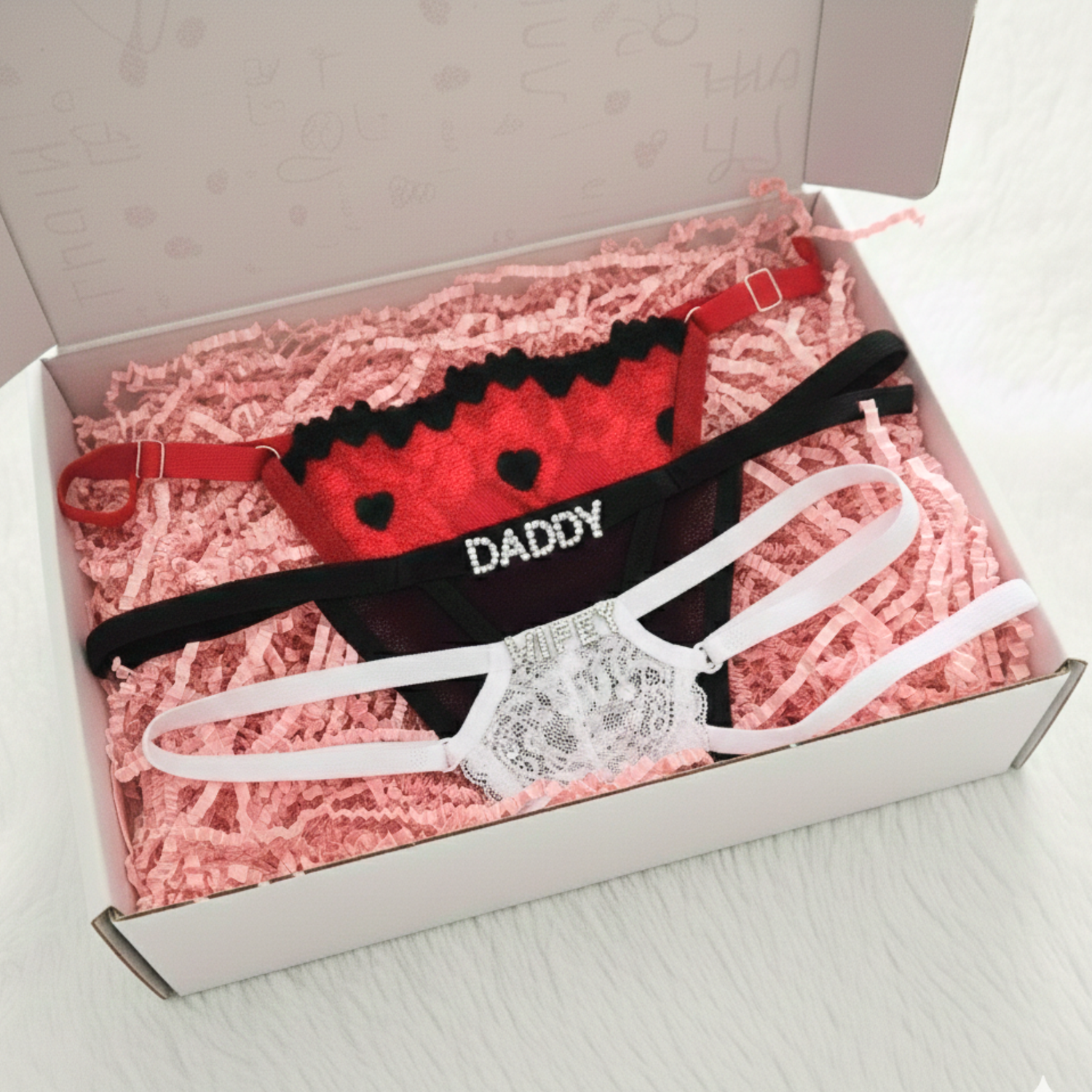 Rita Rosa Bridal Trio: Red heart cherry g-string, black 'DADDY' rhinestone thong, and white 'WIFEY' lace g-string in a gift box