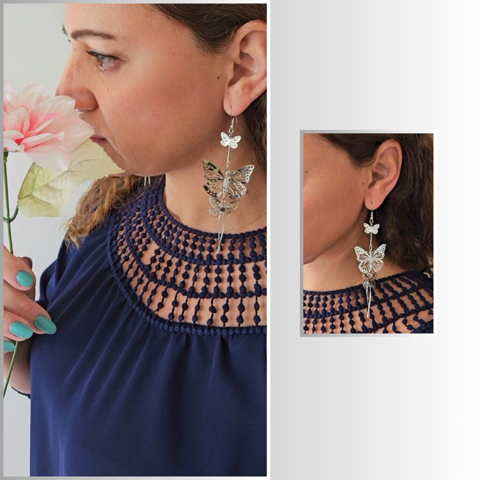 Model wearing Butterflies Silver Long Drop Earrings - Graceful and Stylish Accessories - Rita Rosa Brazilian Beachwear