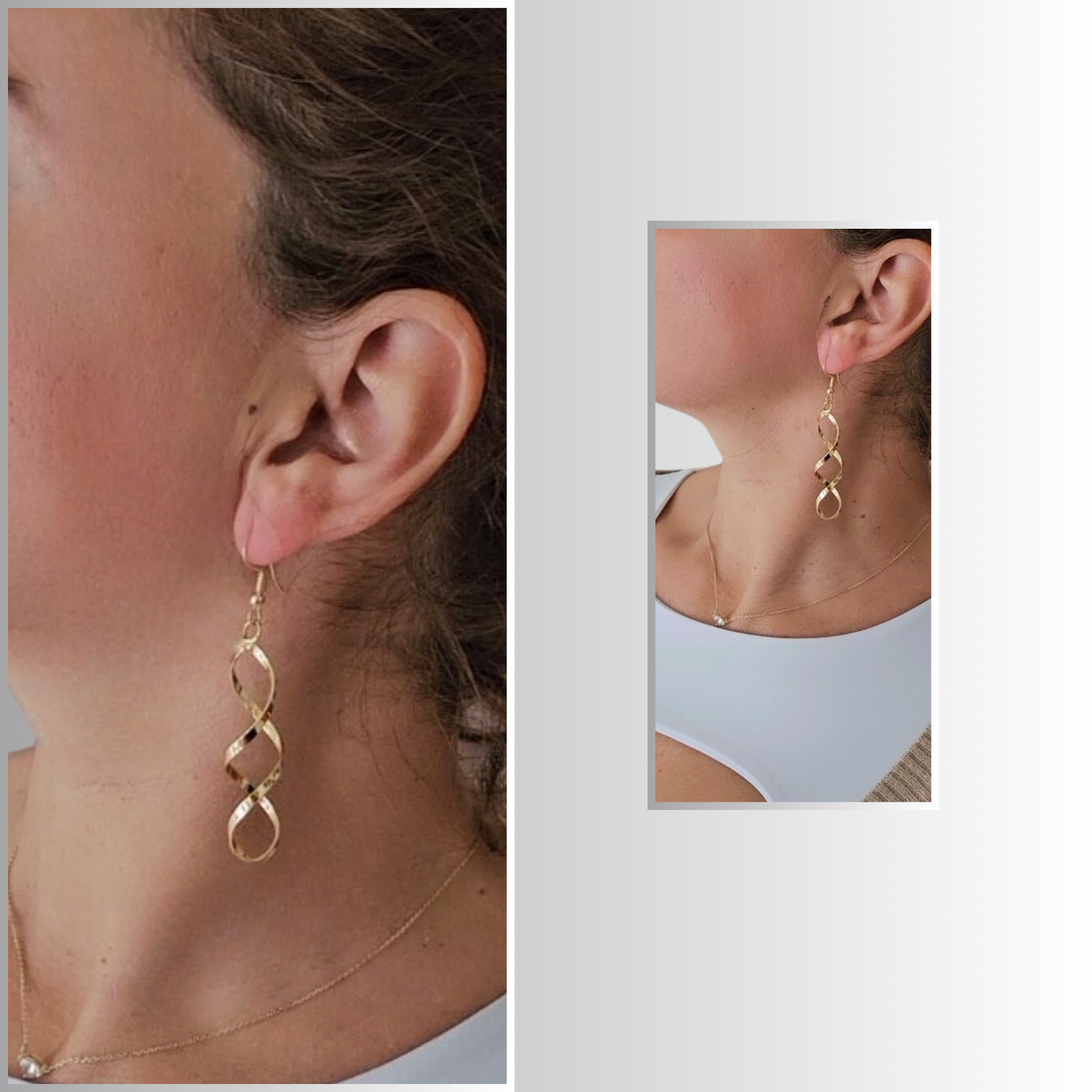 Model Wearing Gold Swirl Drop Earrings - Elegant Fashion Accessory - Rita Rosa Brazilian Beachwear