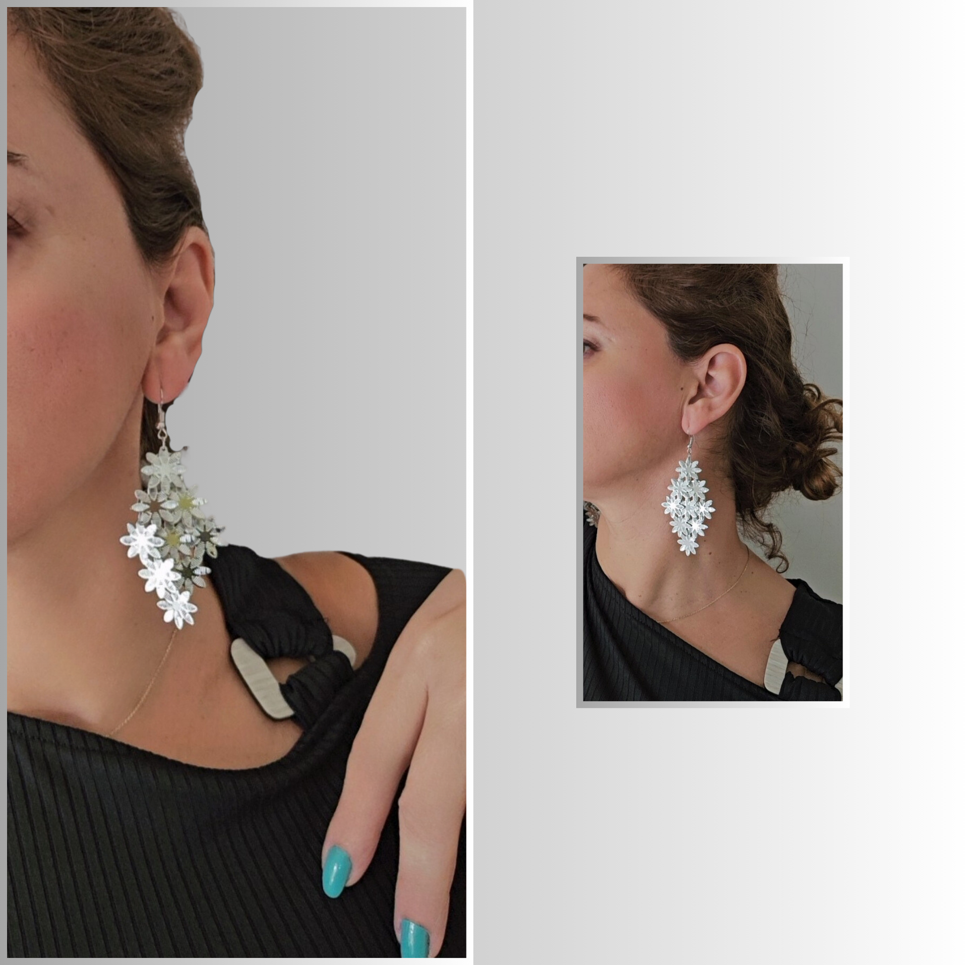 Model wearing Silver Flowers Dangle Earrings