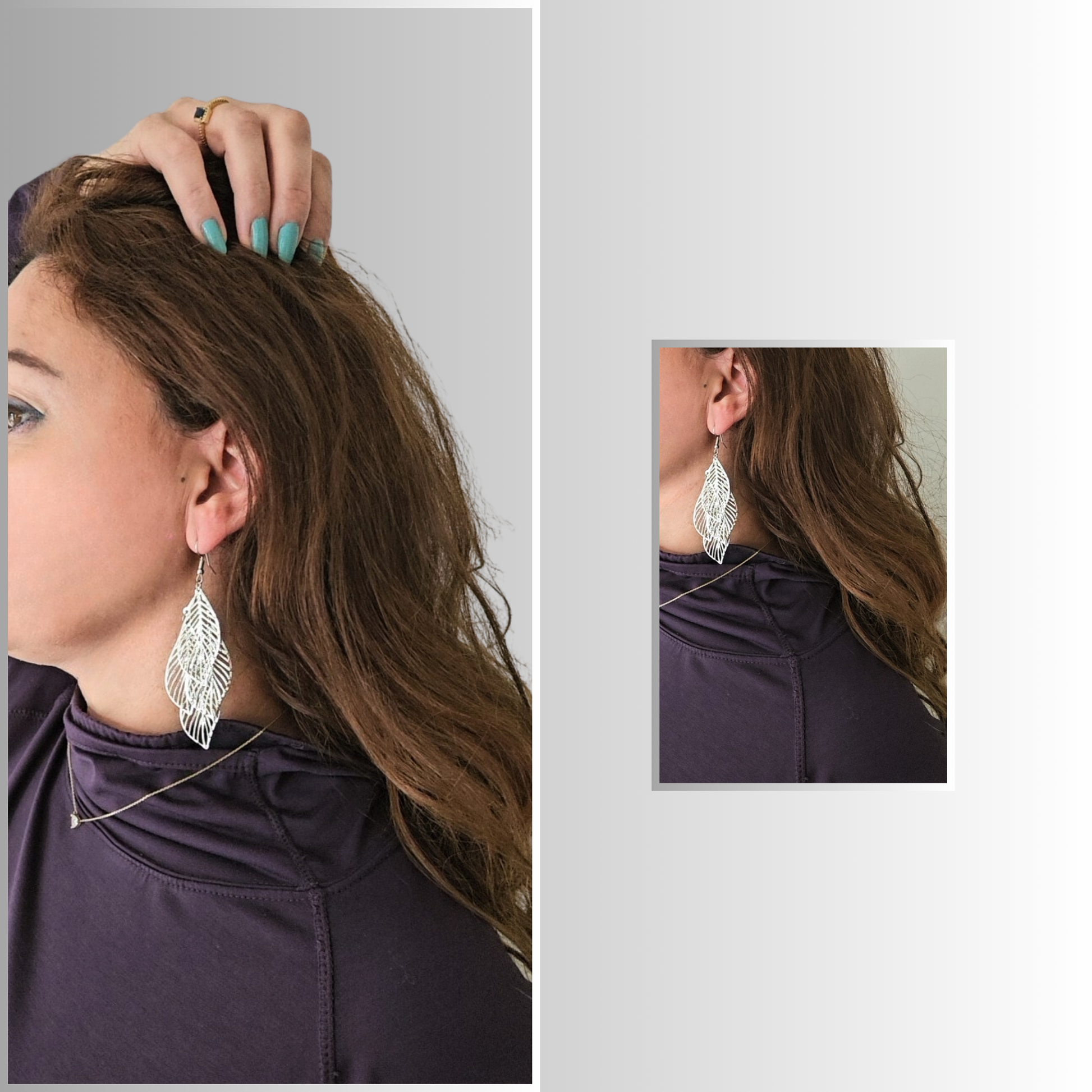 Model Wearing Four Leaf Silver Long Drop Earrings - Elegant and Timeless Accessories - Rita Rosa Brazilian Beachwear