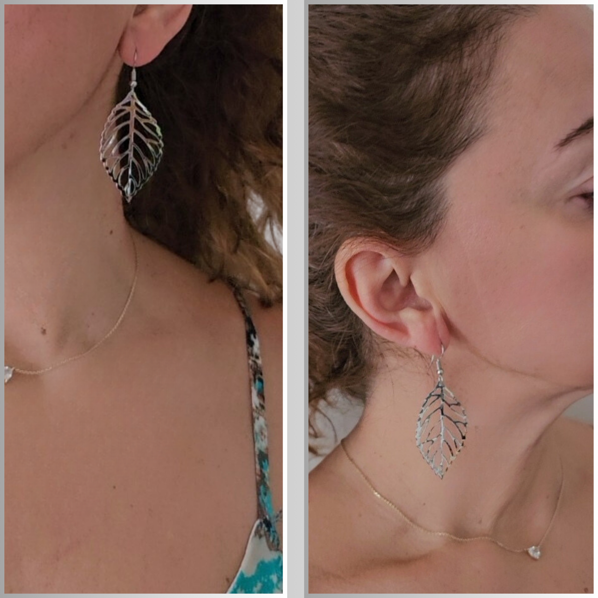 Model Wearing Silver Leaf Earrings - Elegant Nature-Inspired Fashion Accessory - Rita Rosa Brazilian Beachwear