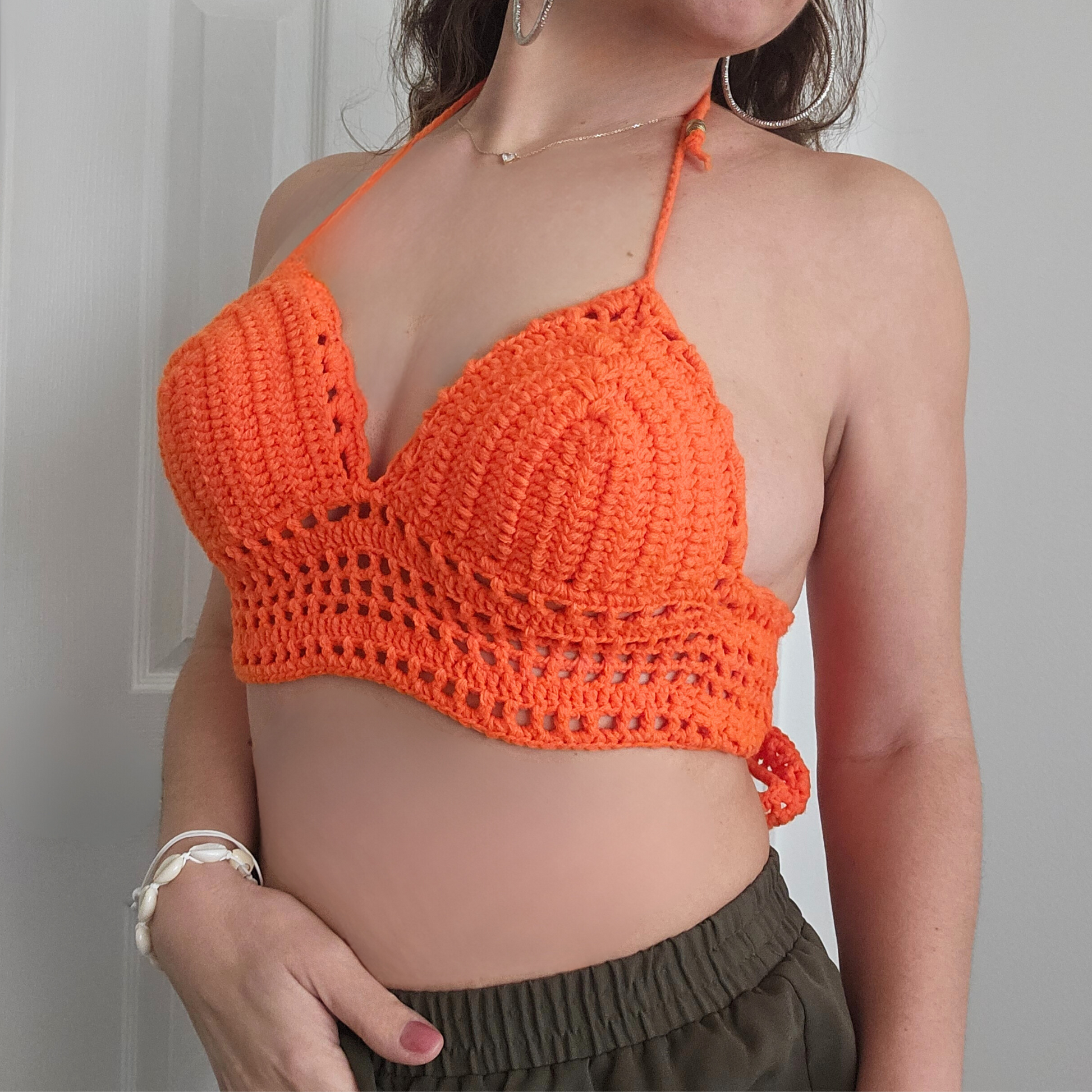 Orange Crochet Cropped Top model posing