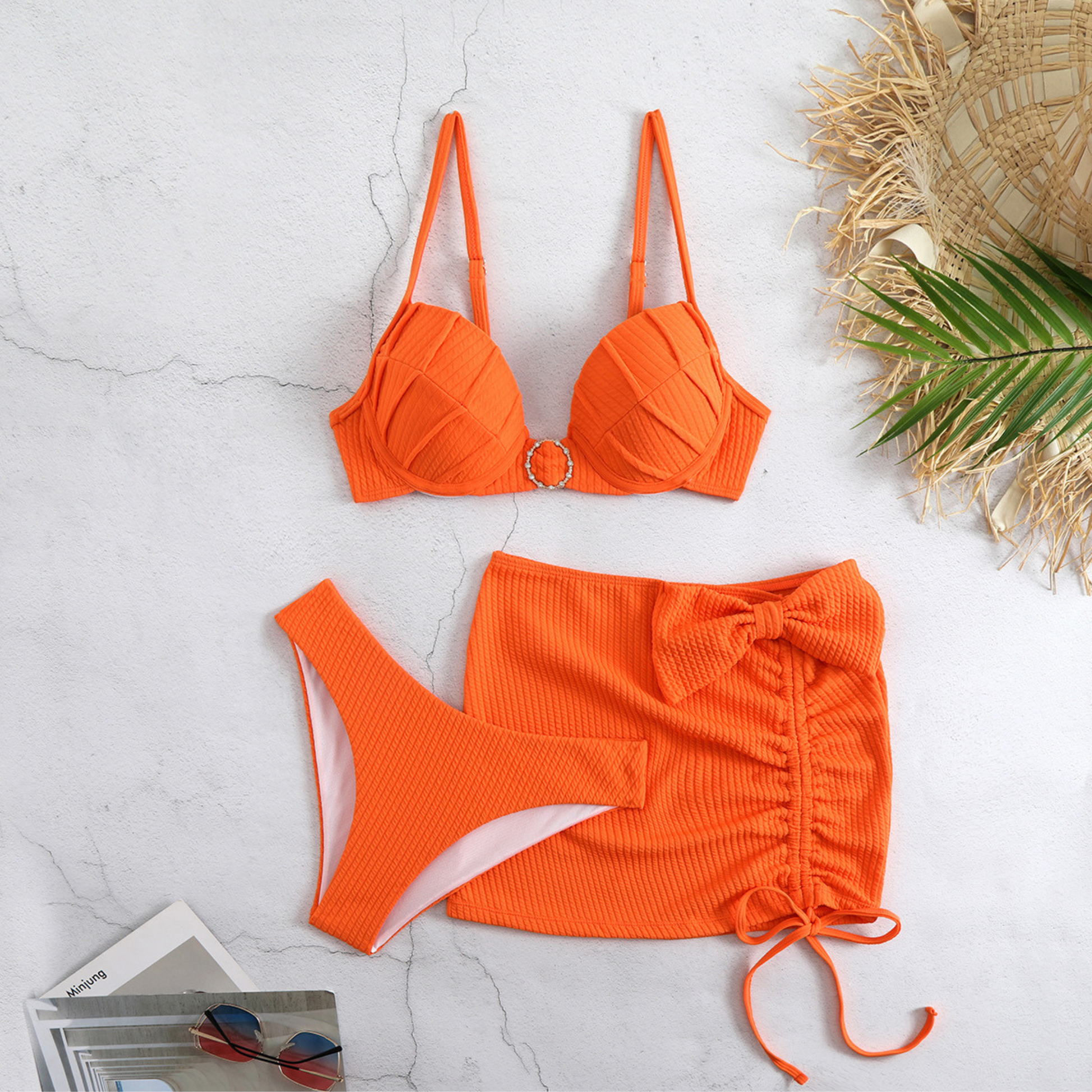 Orange Underwire Ribbed Three Pieces Bikini Set front image