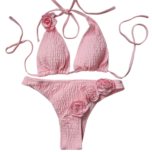 Pink Eco 3D Floral Textured Thong Bikini Set front image