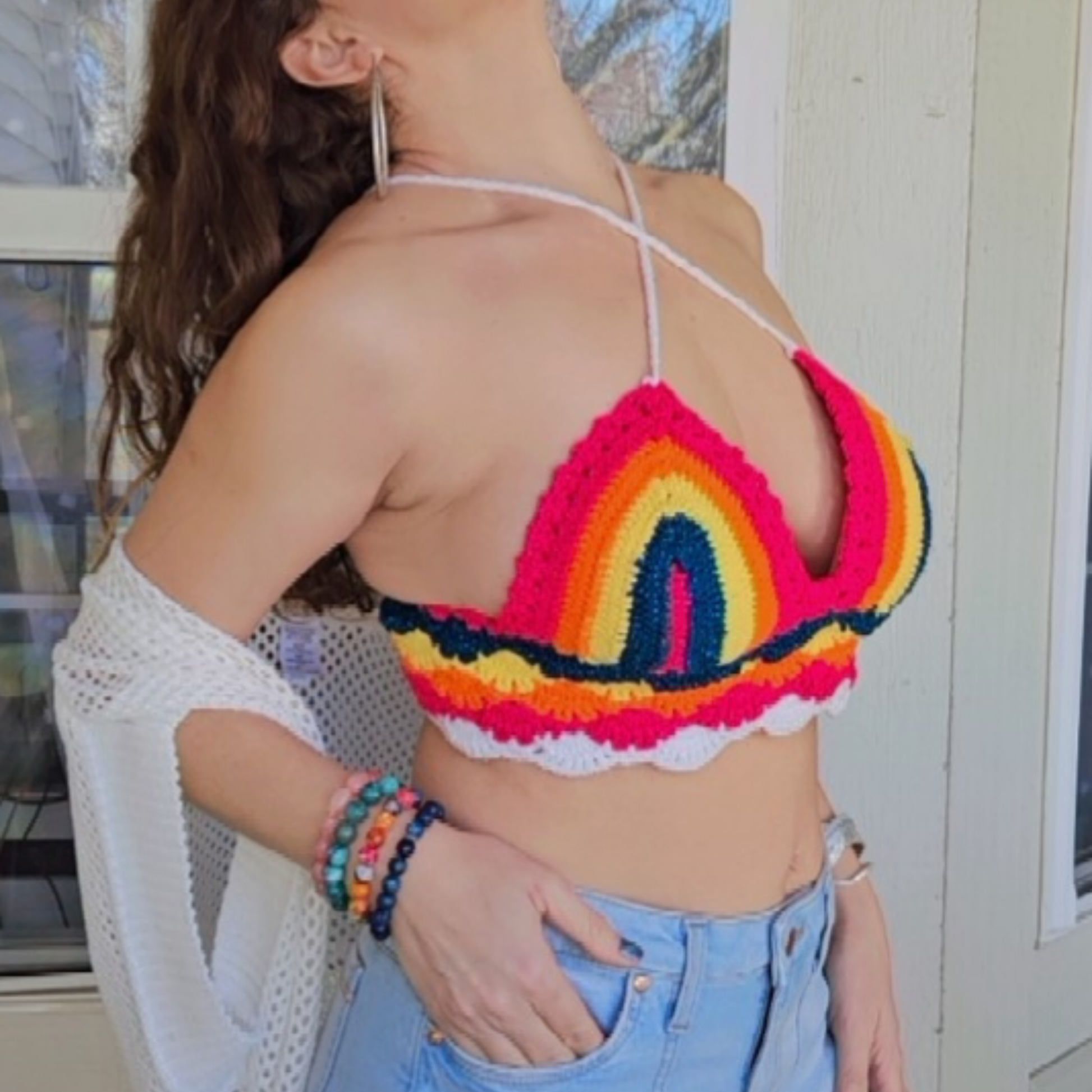 Rainbow Crisscross Crochet Cropped Top model front posing