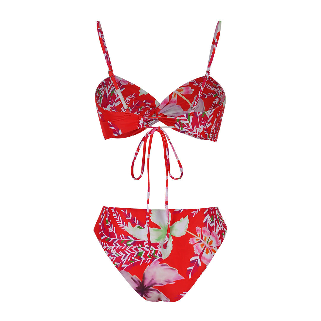 Red Floral High Waist Bikini Set back image