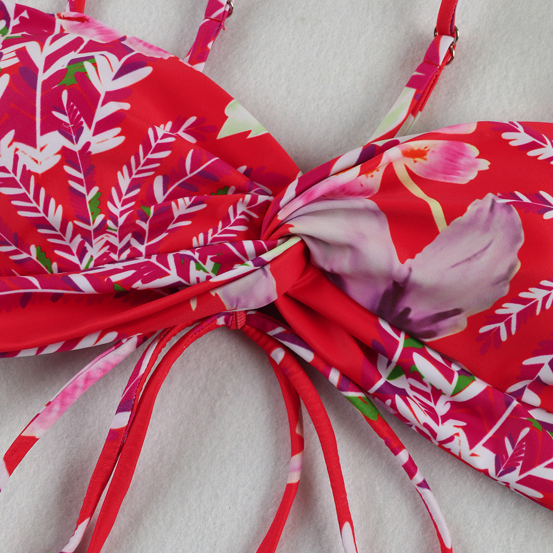 Red Floral High Waist Bikini Set top image