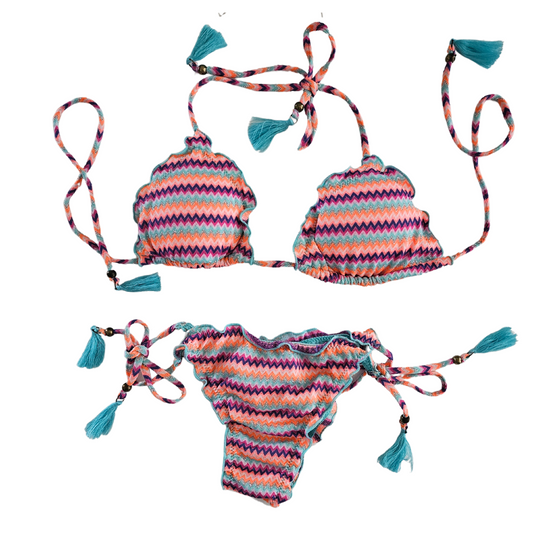 Ruffled Aqua Green Striped BikiniSetfront   image