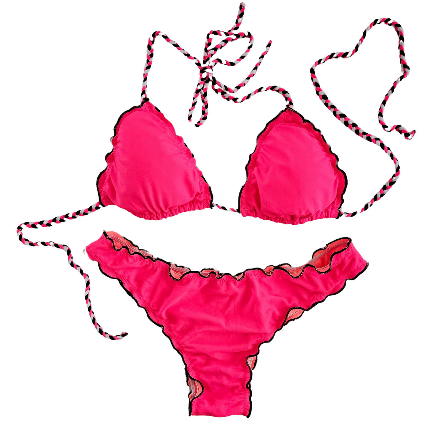 Ruffled Pink Neon Thong Bikini Set