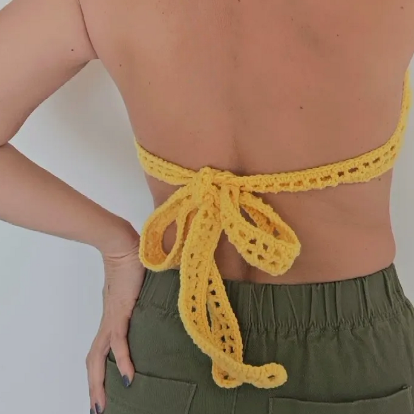Sunset Yellow Bandeau Crochet Model Posing Back