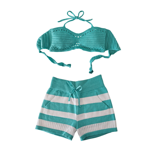 Rita Rosa turquoise modal knit halter top and striped pocket shorts set, handmade Brazilian lounge wear for women.