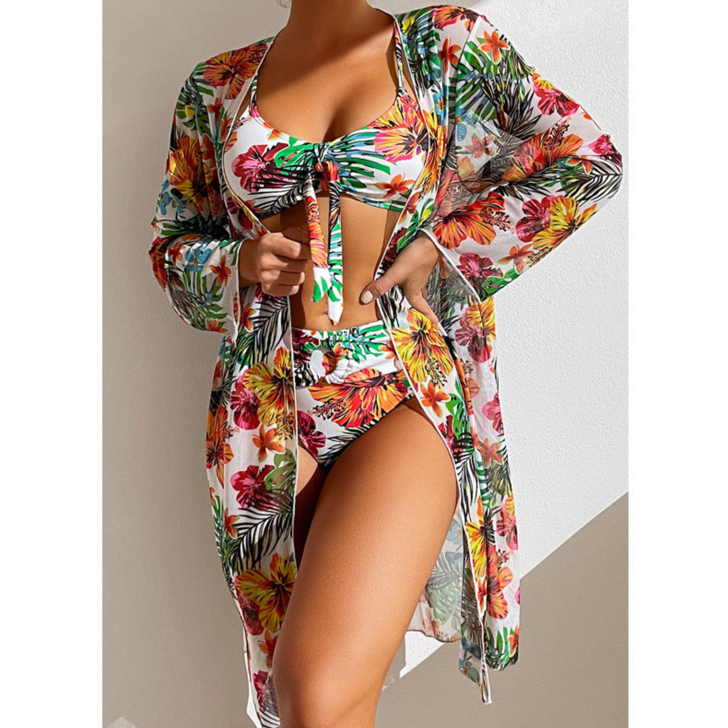 White Floral Tummy Control Bathing suit with Long Sleeves Cover model side pose